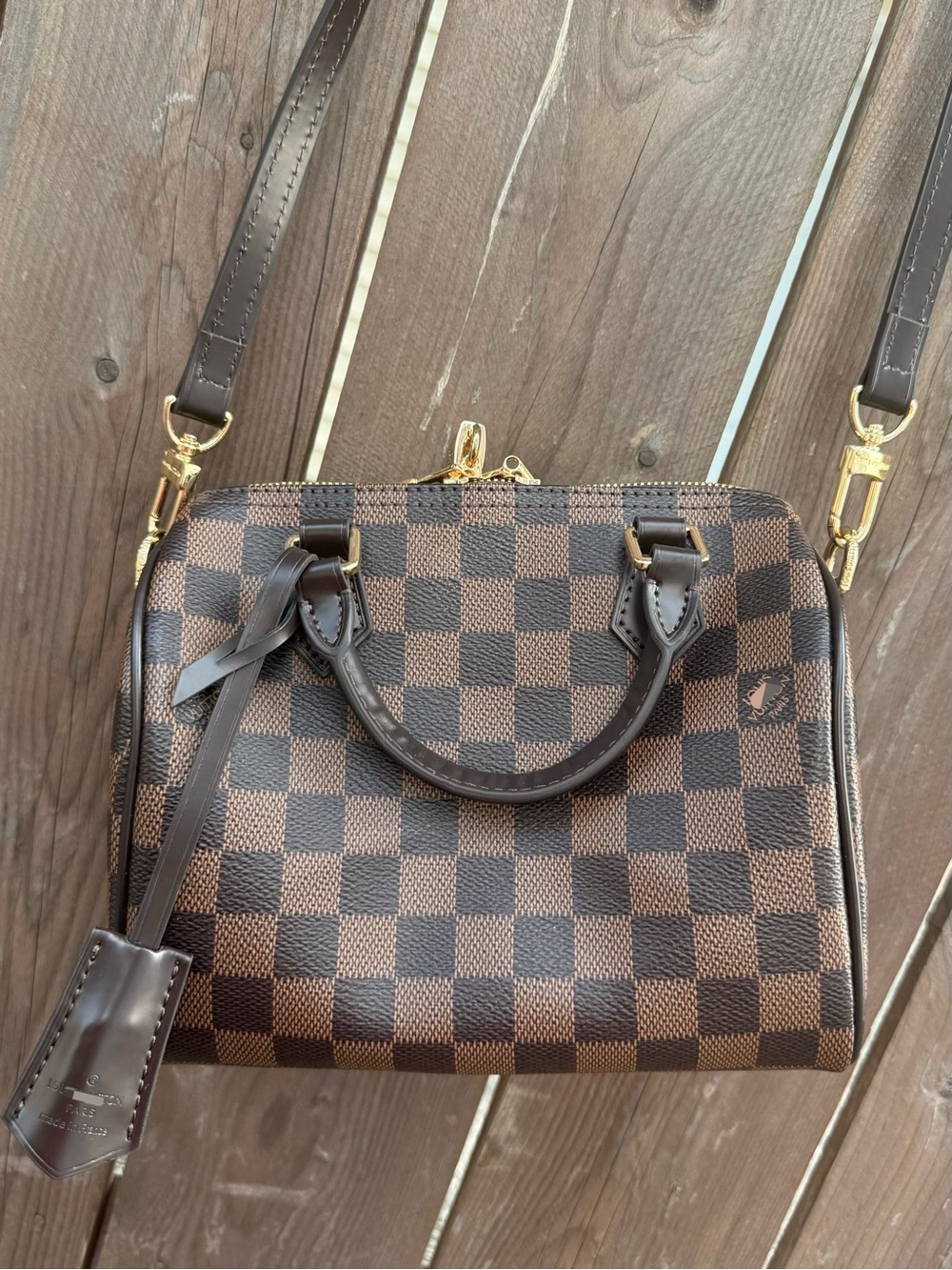 Pre-loved 20cm Brown Checkered Women’s Satchel Handbag